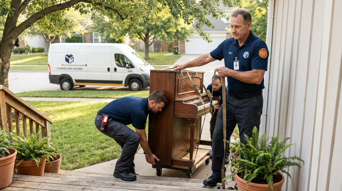 Licensed piano movers securing grand piano in Old Saybrook, CT