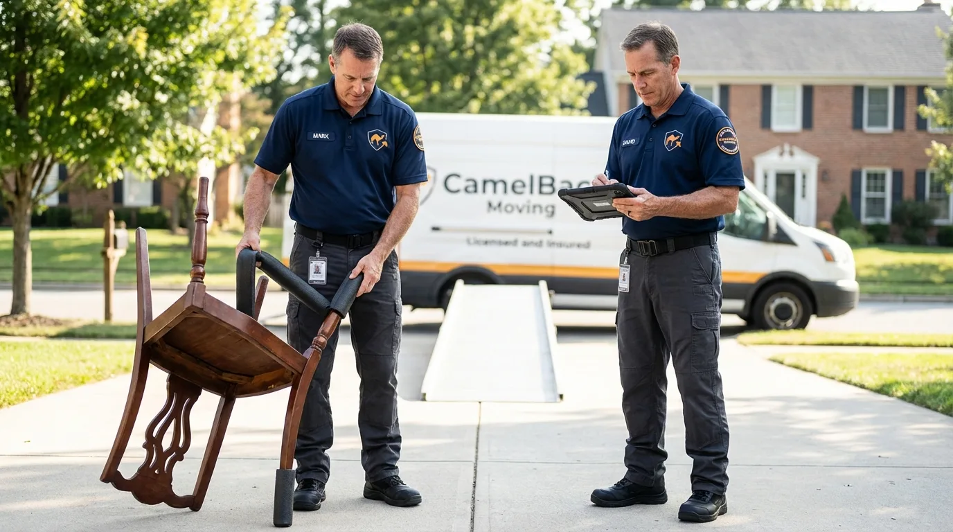 Movers inspecting furniture for damage prevention before loading in Old Saybrook, CT