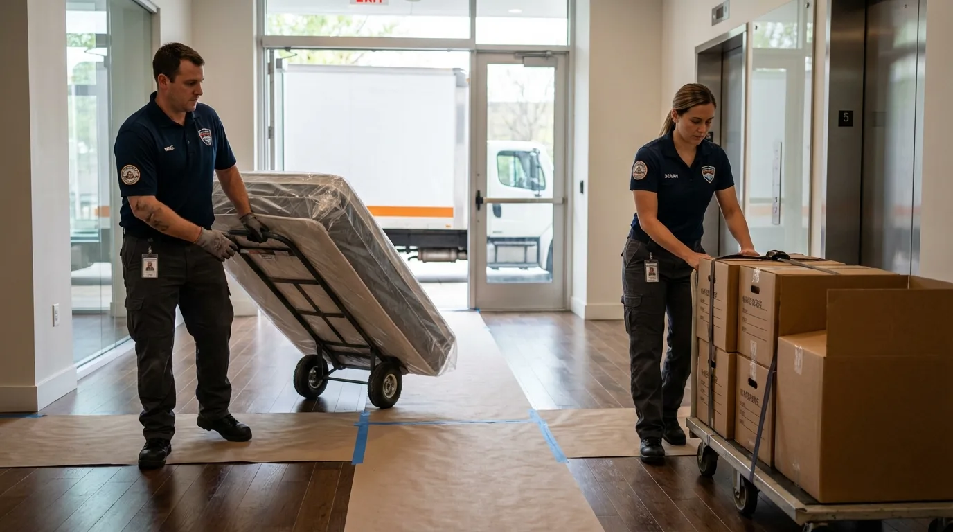 Professional apartment movers loading elevator in Old Saybrook, CT