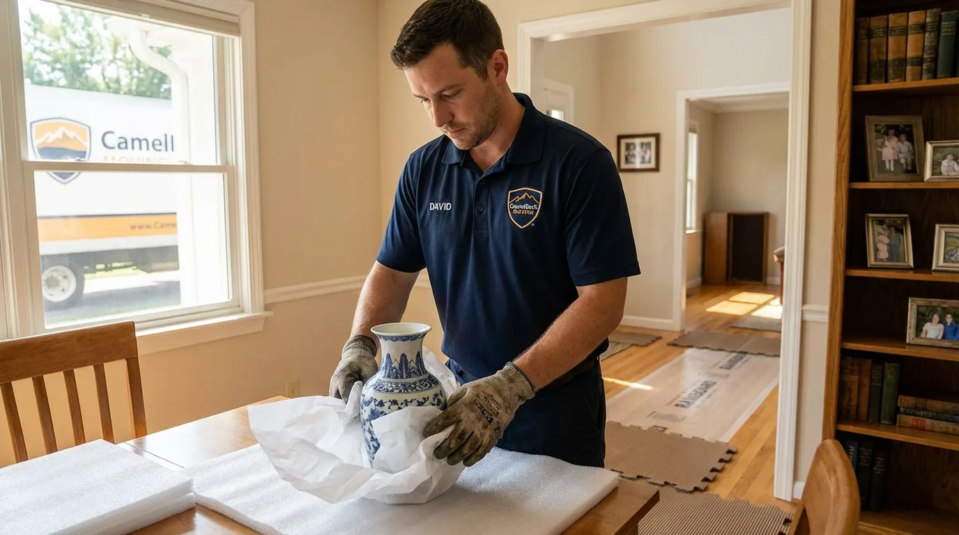 Professional crew carefully wrapping antique vase for senior downsizing move in Old Saybrook, CT